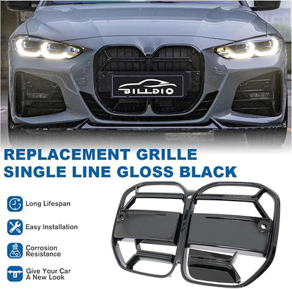 G22 Grille - Black Kidney Single slats Grill Compatible With BMW 4 Series G22/G23 2021-2024 430i M440i ABS Gloss Black Kidney Grill