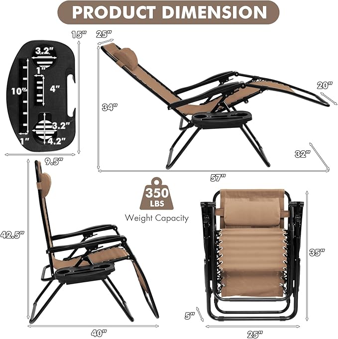 Giantex 2 PCS Zero Gravity Chair Patio Chaise Lounge Chairs Outdoor Yard Pool Recliner Folding Lounge Chair with Cup Holder (Beige)