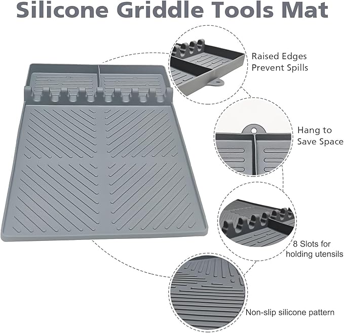 Silicone Griddle Tools Mat for Blackstone, Spatula Rest with Drip Pad, Grill Side Shelf Mat for Blackstone, Silicone Utensil Rest/Holder for BBQ Tools (Gray 1 Pack)