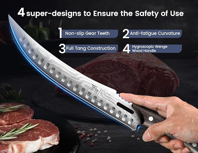 SYOKAMI Butcher Breaking Knife for Meat Cutting, 10.5 Inch Japanese Style Curved Carving Knife with Wooden Full Tang Handle, Damascus Pattern, Razor Sharp Cimiters with Gift Box, Birthday Gift for Men