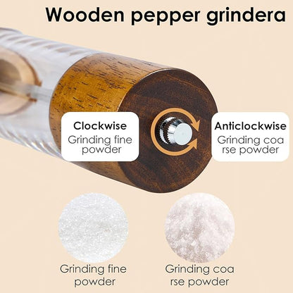 2 Pack Wooden Salt and Pepper Grinder Set,8 Inch Manual Acrylic Salt and Pepper Mills with Adjustable Ceramic Grinder Core,Rustic Wood Finish Spice Grinder Set for Kitchen Dining Table BBQ