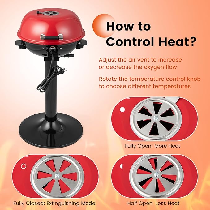 COSTWAY Electric BBQ Grill, Portable Grill with Metal Cooking Grilling Rack, Detachable Temperature Control & Removable Grease Collector, Outdoor Freestanding Grill for Camping &Tailgating (Red)