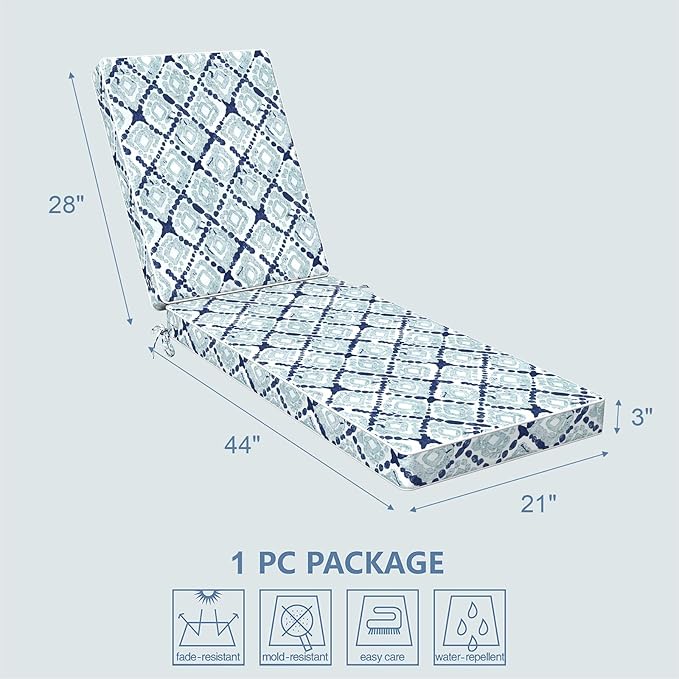 LVTXIII Outdoor Chaise Lounge Cushion 72x21x3 Inch, Water-Repellent Patio Seat Cushion with Ties & Hidden Zipper, Thick Foam Pad for Lawn Chair, Poolside, Patio Furniture, Boho Geometry Blue