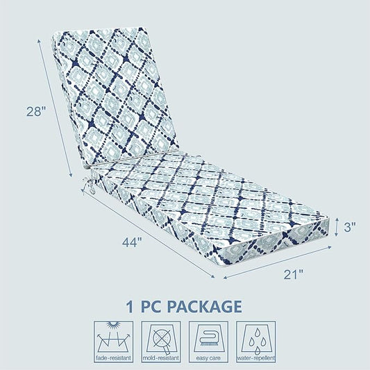 LVTXIII Outdoor Chaise Lounge Cushion 72x21x3 Inch, Water-Repellent Patio Seat Cushion with Ties & Hidden Zipper, Thick Foam Pad for Lawn Chair, Poolside, Patio Furniture, Boho Geometry Blue