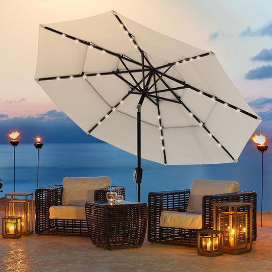 ABCCANOPY 3-Tiers 11FT Solar Patio Umbrella, Outdoor Umbrella with 32 LED Lights for for Deck, Pool, Garden, Backyard (Light Beige)