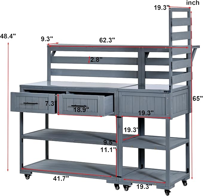 62 Inch Patio Kitchen Island with Stainless Steel Top, Gray | Gray fir wood, stainless steel top, garden or patio, raised shelf, 2 drawers, lockable wheels, modular design, 62.3 in L