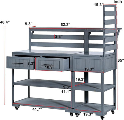 Outdoor Kitchen Cart with Stainless Steel Top, 62.3 Inch | Fir wood frame, stainless surface, raised shelf, fixed shelf, 2 lockable wheels, split-use design, BBQ prep, patio garden use
