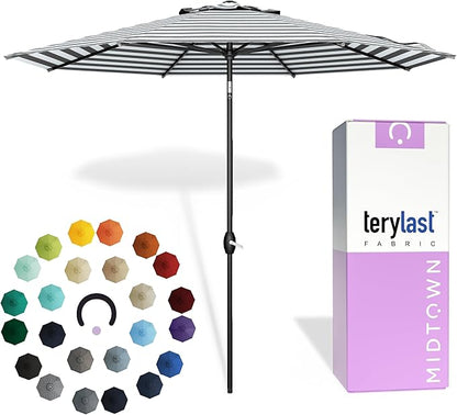 Midtown Umbrellas - 10-Year-No-Fade 10 Ft Patio Umbrella with Terylast Fabric, Auto-Tilt Aluminum Frame and 8 Reinforced Ribs for Deck, Pool, Garden & Beach - Grey/White Stripes Canopy, Black Pole