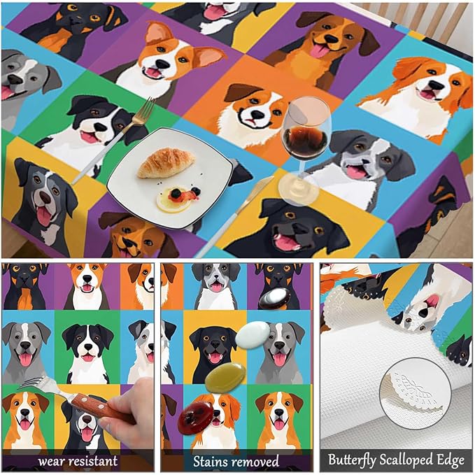 Swono Decorative Rectangle Table Cloth Dog Icon, Dog Puppy Head Poodle Shepherd Terrier Labrador Polyester Tablecloth Kitchen Table Cover for Dining BBQ Picnic Coffee Table 50x72, 4-6 Seats