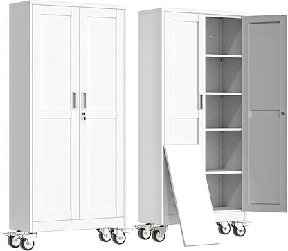 erosoei 71" H Metal Garage Storage Cabinet, Rolling Tool Cabinet with 2 Doors and Wheels, Locker Steel Cabinet with 4 Adjustable Shelves, Organization Cabinet for Garage,Office,Home,Gym,School（White）