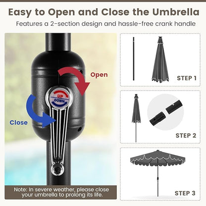 Tangkula 9 FT Solar Patio Umbrella, 2-Tiers Scalloped Outdoor Table Market Umbrella with 32 LED Lights, Vented Top, Tilt Adjustment, Crank, 8 Ribs for Backyard Poolside Deck Beach Lawn (Gray)