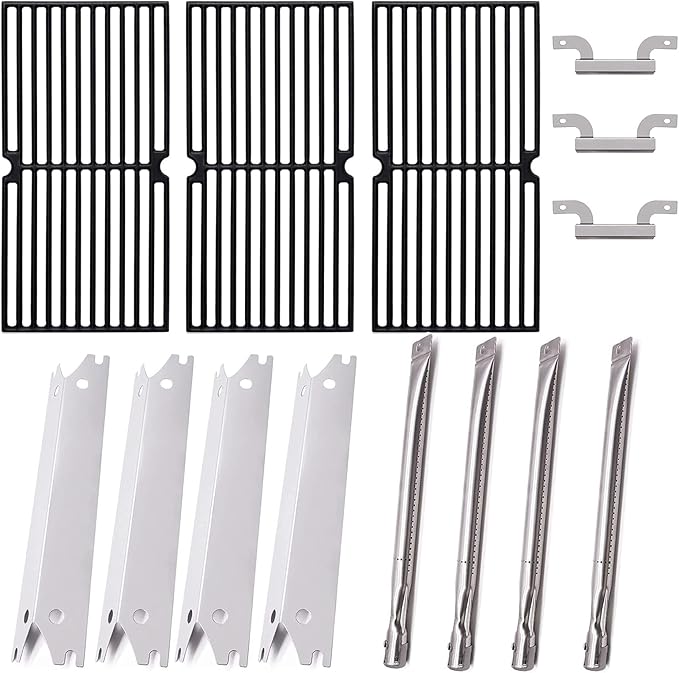 Criditpid Grill Replacement Parts for Brinkmann 810-2410-S 810-2411-S, Cast Iron Cooking Grate, Stainless Steel Burner Tubes, Heat Plate Shields & Crossover Tubes for Brinkmann 4 Burner Gas Grill.