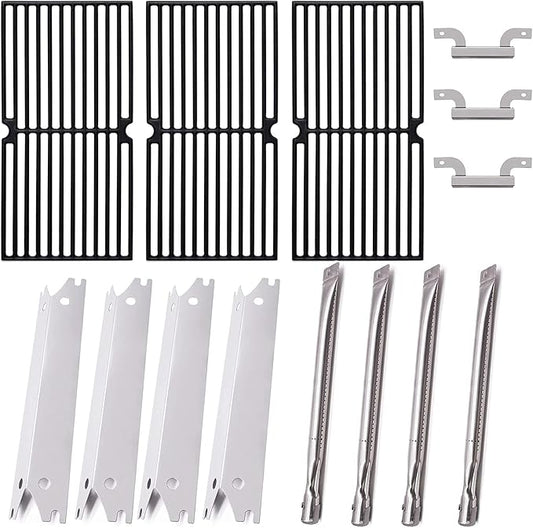 Criditpid Grill Replacement Parts for Brinkmann 810-2410-S 810-2411-S, Cast Iron Cooking Grate, Stainless Steel Burner Tubes, Heat Plate Shields & Crossover Tubes for Brinkmann 4 Burner Gas Grill.