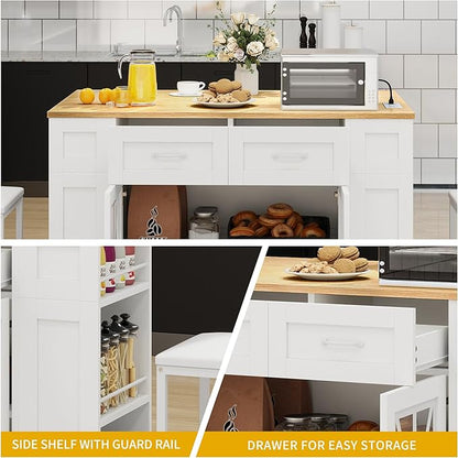 DWVO 3 PCS Kitchen Island with Drop Leaf, Mobile Storage Island with Seating, Rolling Dinning Table Set with 2 Bar Stools & Power Outlet, Bar Kitchen Cart on Wheels, Footrest & Spice Rack, White Oak
