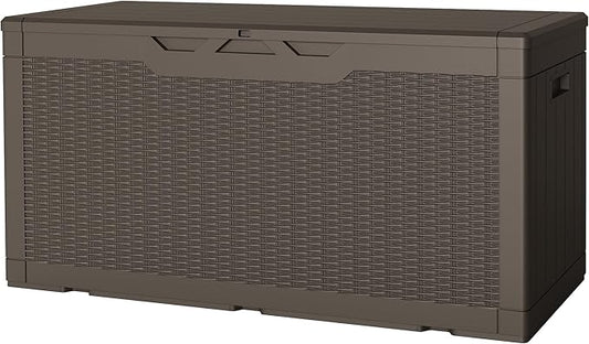 JUMMICO 100 Gallon Resin Deck Box, Waterproof Outdoor Storage Box with Lockable Lid for Garden Tools, Patio Cushions (Brown)