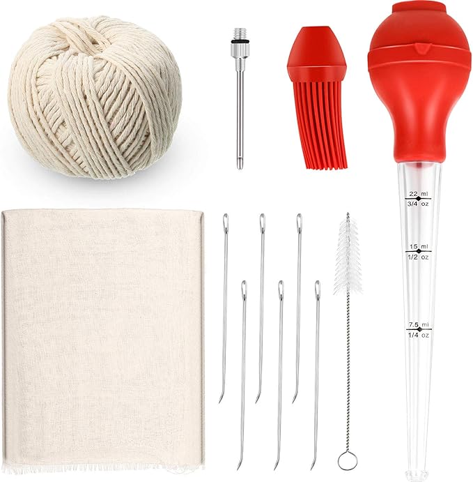 Turkey Baster with Silicone Bulb Meat Marinade Injector Needle Barbecue Basting Brush Cleaning Brush Grade 90 Cheesecloth Turkey Lacer 7 Inch Meat Trussing Needle Cooking Twine for Turkey Beef