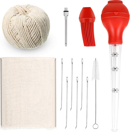 Turkey Baster with Silicone Bulb Meat Marinade Injector Needle Barbecue Basting Brush Cleaning Brush Grade 90 Cheesecloth Turkey Lacer 7 Inch Meat Trussing Needle Cooking Twine for Turkey Beef