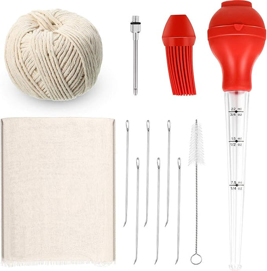 Turkey Baster with Silicone Bulb Meat Marinade Injector Needle Barbecue Basting Brush Cleaning Brush Grade 90 Cheesecloth Turkey Lacer 7 Inch Meat Trussing Needle Cooking Twine for Turkey Beef