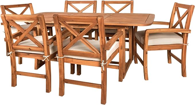 Walker Edison Maui Classic 7 Piece Acacia Wood Outdoor Dining Set with X Back Chairs, Set of 7, Brown