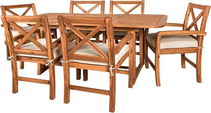 Walker Edison Maui Classic 7 Piece Acacia Wood Outdoor Dining Set with X Back Chairs, Set of 7, Brown