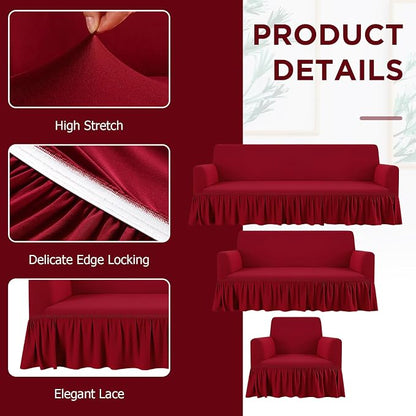 Fanfanwin 3 Pcs Sofa Slipcover Set for Couch Cushion Durable Washable High Elastic Stretchable Furniture Couch Covers with Skirt for Sofa Loveseat Arm Chair (Burgundy,Milk Silk)
