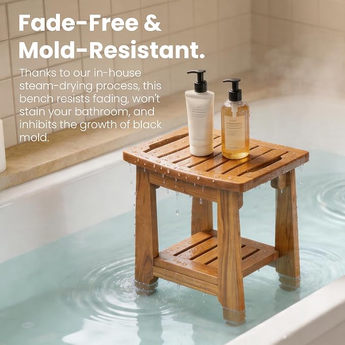 NNN 14" Compact Teak Shower Stool with Japan-Made Non-Slip Leveling Feet | US Patented Design, Marine-Grade Hardware, Pre-Oiled European Teak Oil, Ready, 300lb, for Small Baths Tubs & Outdoor Pools