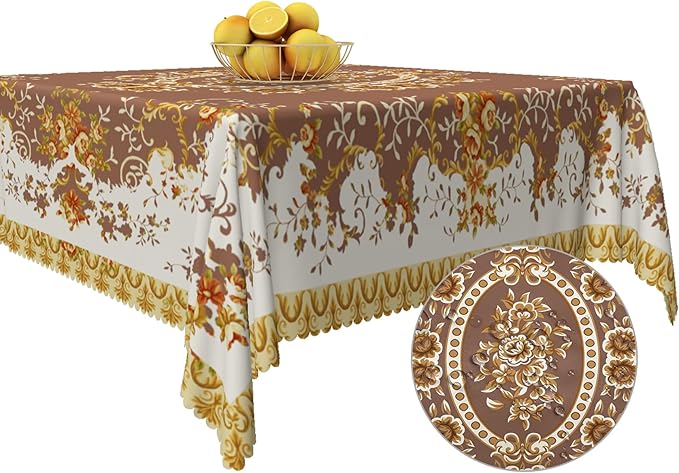 French Floral Square Tablecloth Brown Flowers Tablecloths Vintage Luxury Classic Design Waterproof Square Polyester Resistant Table Cover for Picnic Dinner Decor 60x60 Inch