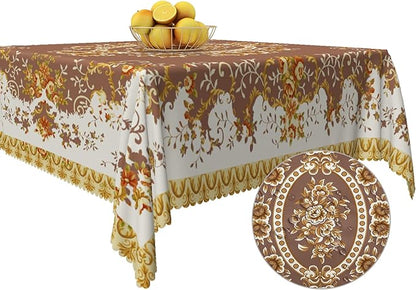 French Floral Square Tablecloth Brown Flowers Tablecloths Vintage Luxury Classic Design Waterproof Square Polyester Resistant Table Cover for Picnic Dinner Decor 60x60 Inch