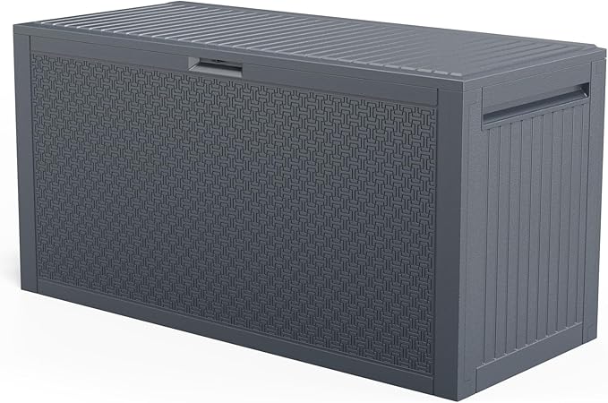 VINGLI 90 Gallon Outdoor Storage Box, Lockable Plastic Storage Containers with Lid, Patio Deck Box Furniture for Garden, Pool, Balcony, Yard (Gray)
