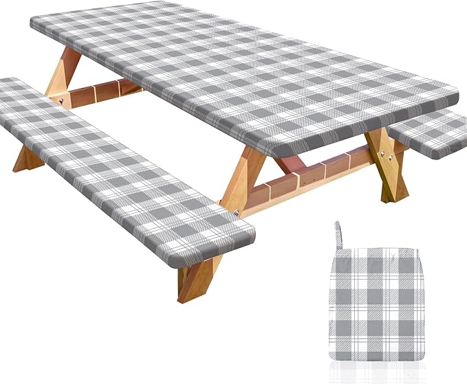 Picnic Table and Bench Cover Set, Waterproof Fitted Elastic Cloth | Portable Camping Essentials With Built-In Storage Pocket And Waterproof Fabric For Outdoor RV Or Picnic Table Use
