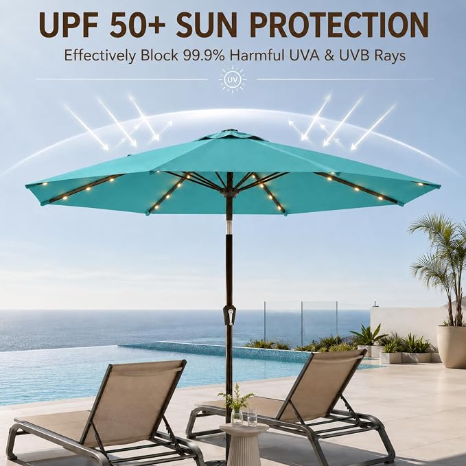 10FT Solar Lighted Patio Umbrella, Outdoor Table Market Umbrellas with Push Button Tilt and Crank, 32 LED Lights, 8 Sturdy Ribs, UV-Resistant for Deck, Garden, Pool