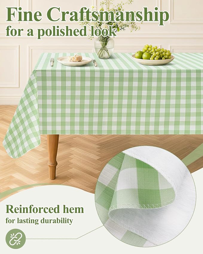 Seenus Waterproof Plastic Plaid Tablecloth with Flannel Backing for Picnic | 60 x 102 Inch Rectangle Checkered Table Cloth Wipeable, Green Gingham Vinyl Table Cover for Dinner Kitchen Capming Outdoor