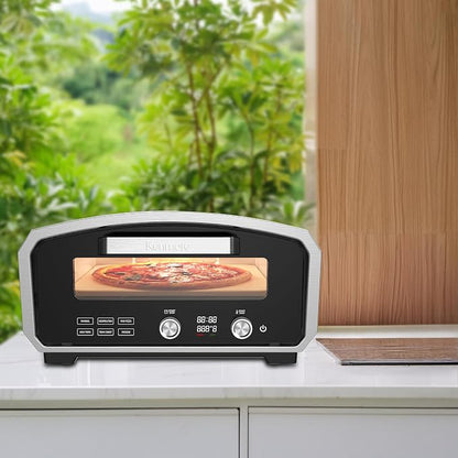 Kenmore Outdoor Indoor Electric Pizza Oven - Makes 13 inch Wood Fired Style Pizza At 850F High Heat, Weather Resistant, 5 Presets, Pizza Stone & Peel, Stainless Steel Horno Electrico
