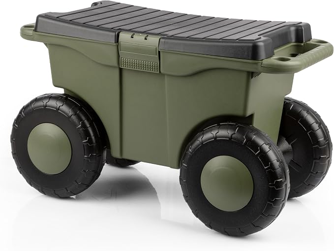 Pure Garden Rolling Garden Cart with Seat, Green | Plastic Garden Bench with Interior Tool Tray for Storage - Gardening Stool for Weeding and Planting