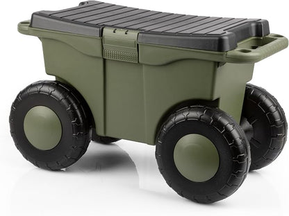 Pure Garden Rolling Garden Cart with Seat, Green | Plastic Garden Bench with Interior Tool Tray for Storage - Gardening Stool for Weeding and Planting