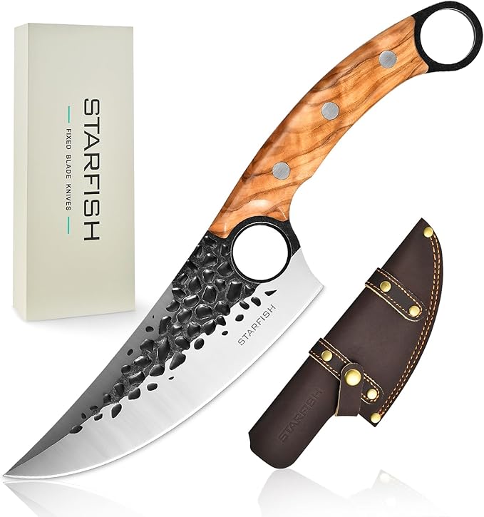 STARFISH Kitchen Knife, 6.0” Full Tang Chef Knife with Leather Sheath 440C Steel blade for Home Cooking. Olive Wooden Handle Japanese Style Forged Viking knives for Camping, BBQ, Gift for Men