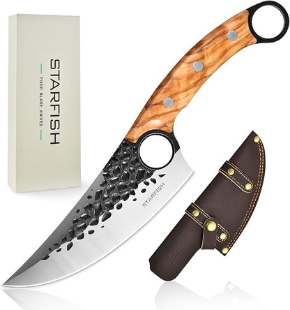 STARFISH Kitchen Knife, 6.0” Full Tang Chef Knife with Leather Sheath 440C Steel blade for Home Cooking. Olive Wooden Handle Japanese Style Forged Viking knives for Camping, BBQ, Gift for Men