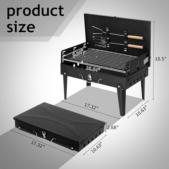 Black Charcoal BBQ Grill Grill, Portable Grill, Barbecue Charcoal Grill for Outdoor Camping Picnic Patio Backyard Cooking，Tabletop BBQ for Indoor/Outdoor, Barbecue Desk Tabletop Outdoor