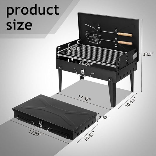 17" Portable Folding Charcoal Grill,Tabletop Outdoor Barbecue Smoker,Heavy Duty Outdoor BBQ Grill,Portable Vertical Camping Barbecue Grill,with Lid,for Garden Patio Beach Backyard (Black)