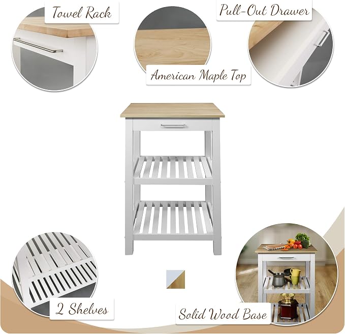Casual Home Sunrise (Small) with Solid Harvest Hardwood Top Kitchen Island, 22.75"W, Natural&White