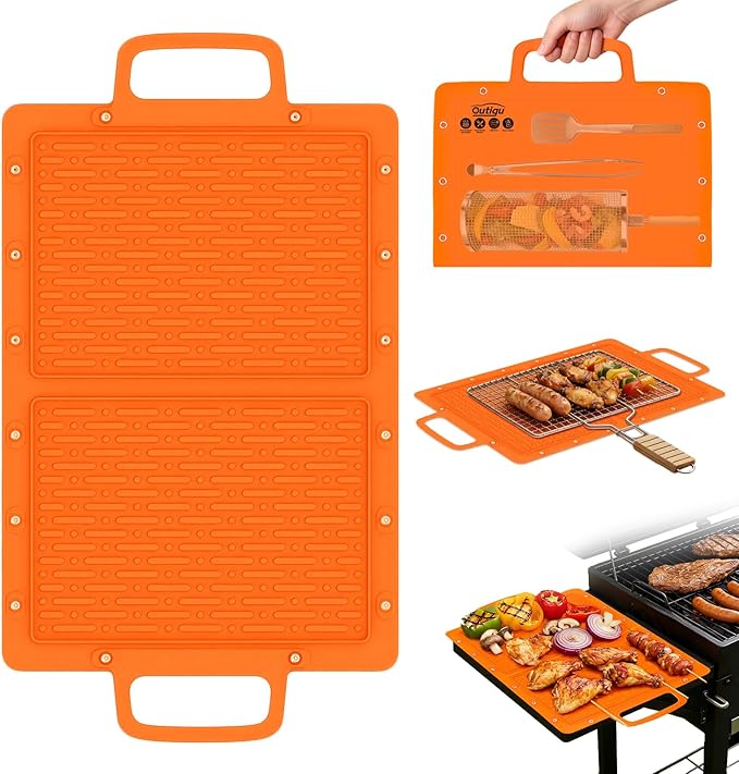Portable Silicone Grill Mat, Heat Resistant Grill Side Shelf Mats for Food, Foldable Griddle Tools Mat with Drip Pad & Snap Buttons, Non Slip Griddle Accessories Storage Bag for Outdoor Cooking