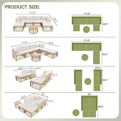 7 Pieces Outdoor Patio Furniture Sectional Sofa Set with Coffee Table, All-Weather Rattan Conversation Set with Thick Cushions and Pillows for Garden Backyard Balcony, Freely Combined (Beige-7S)