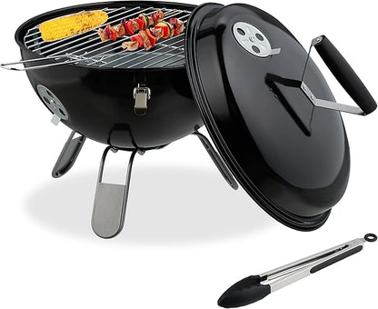 Relaxdays Portable Kettle Barbecue, Ø 37 cm, Round Charcoal Grill, for Garden & Picnics, BBQ with Lid & Tongs, Black, Steel, Nylon, Stainless steel