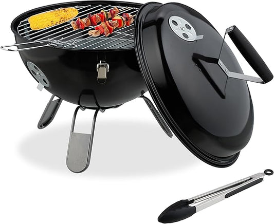 Relaxdays Portable Kettle Barbecue, Ø 37 cm, Round Charcoal Grill, for Garden & Picnics, BBQ with Lid & Tongs, Black, Steel, Nylon, Stainless steel