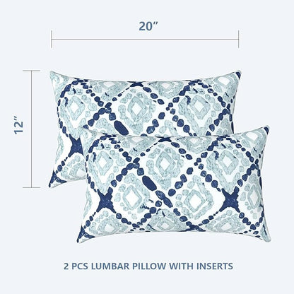LVTLVTXIII 12×20 Inch Outdoor Lumbar Pillows, Pack of 2 Water Repellent Lumbar Pillow with Inserts, Fluffy Decorative Garden Lumbar Cushions for Home Patio Coach Sofa Use, Boho Geometry Blue