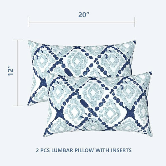 LVTLVTXIII 12×20 Inch Outdoor Lumbar Pillows, Pack of 2 Water Repellent Lumbar Pillow with Inserts, Fluffy Decorative Garden Lumbar Cushions for Home Patio Coach Sofa Use, Boho Geometry Blue