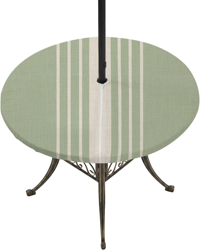 Outdoor Fitted Tablecloth with Umbrella Hole and Zipper, Sage Green Beige Striped Elastic Round Patio Table Cover, Farmhouse Retro Lines Modern Table Protector for Backyard BBQ Party 55''-60''