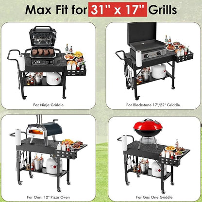Grill Cart for Blackstone Griddle, Portable Outdoor Grill Table | Foldable Cart Table with Wheels for Ninja, Griddle Stand Fit 17 Inch Or 22 Inch, BBQ Prep Tables with Seasoning Tray