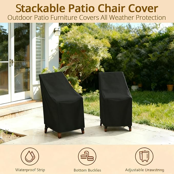 High Back Patio Chair Cover,Waterproof Covers for Stackable Dining Chairs,Outdoor Patio Furniture Seating Set Shield (25.6" L x 29.5" W x 47"H,2-Pcs)