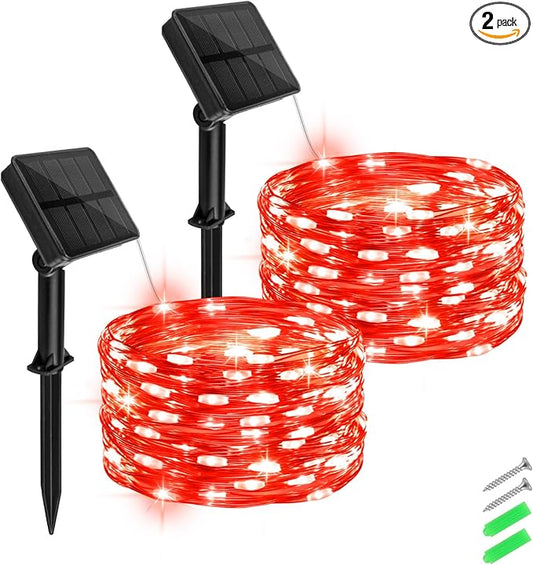 Solar Fairy Lights Outdoor, 16.4ft 50LED Red String Lights with 8 Modes, 2 Pack for Patio & Garden Decorations